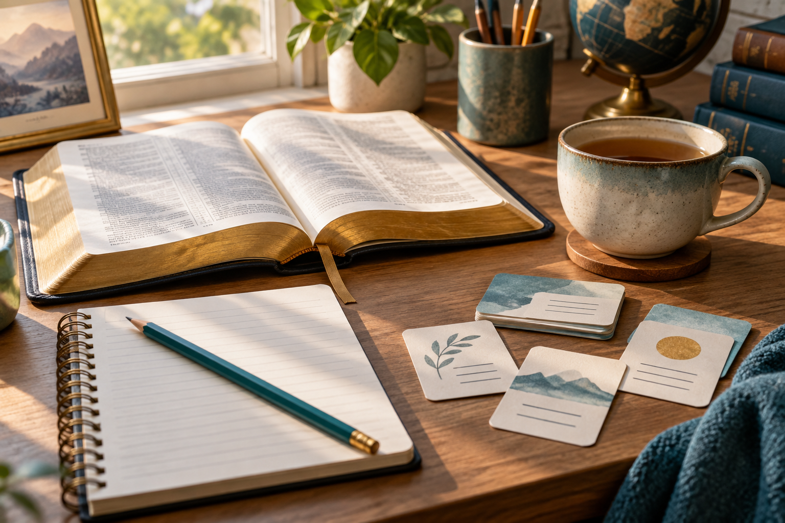 Bible, notebook, and vocabulary cards for English study